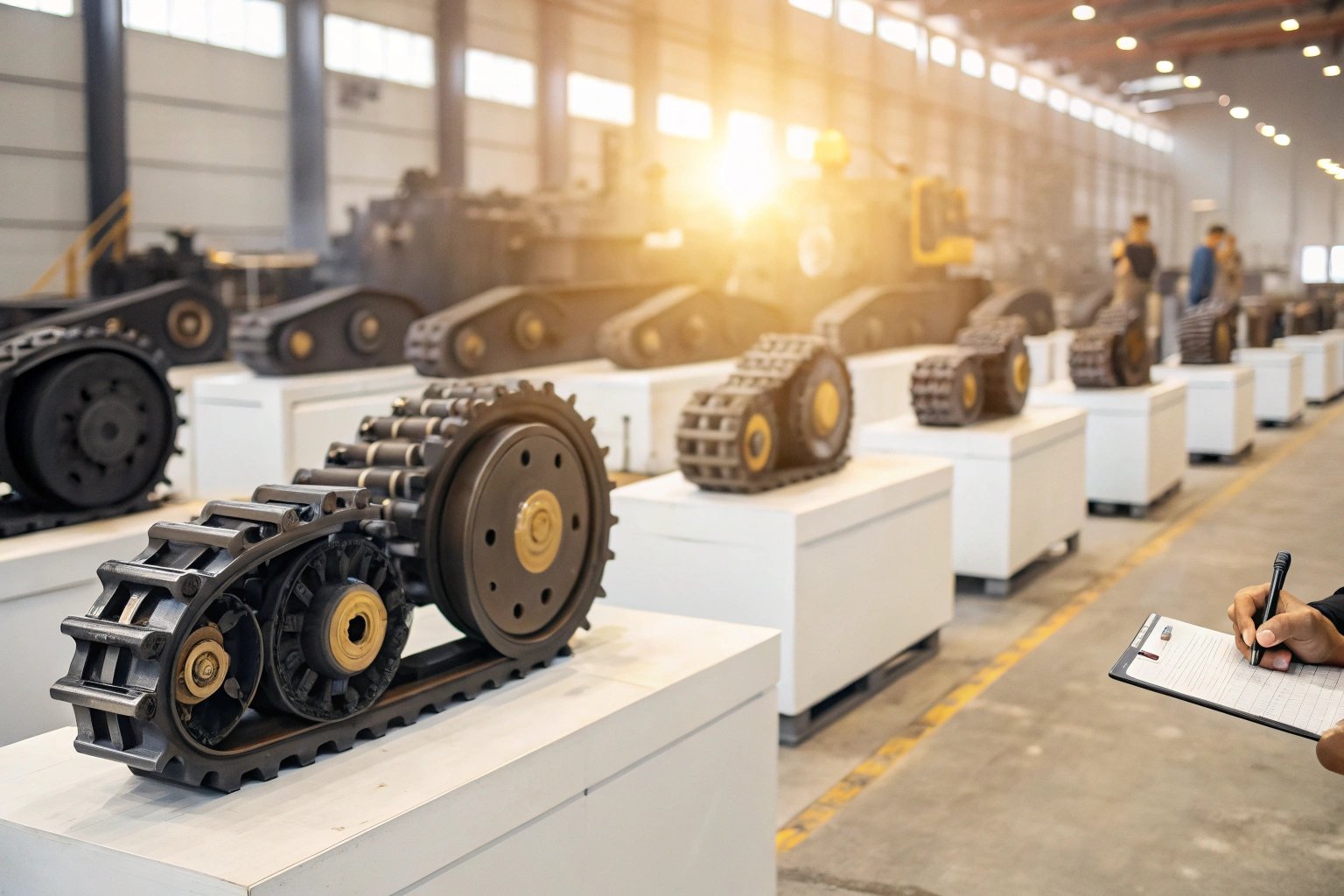 Inside industrial warehouse with various machinery components displayed